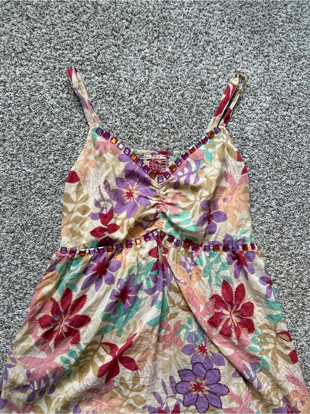Cotton Floral Beaded Spaghetti Strap Dress - Multi Color